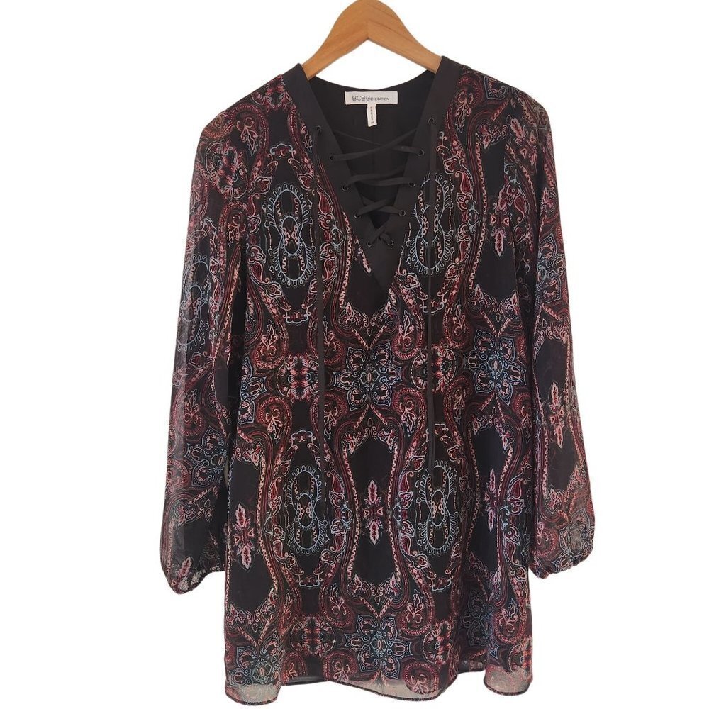 BCBG Generation Paisley Printed Long Sleeve Shift Dress Short Mini Women's XS